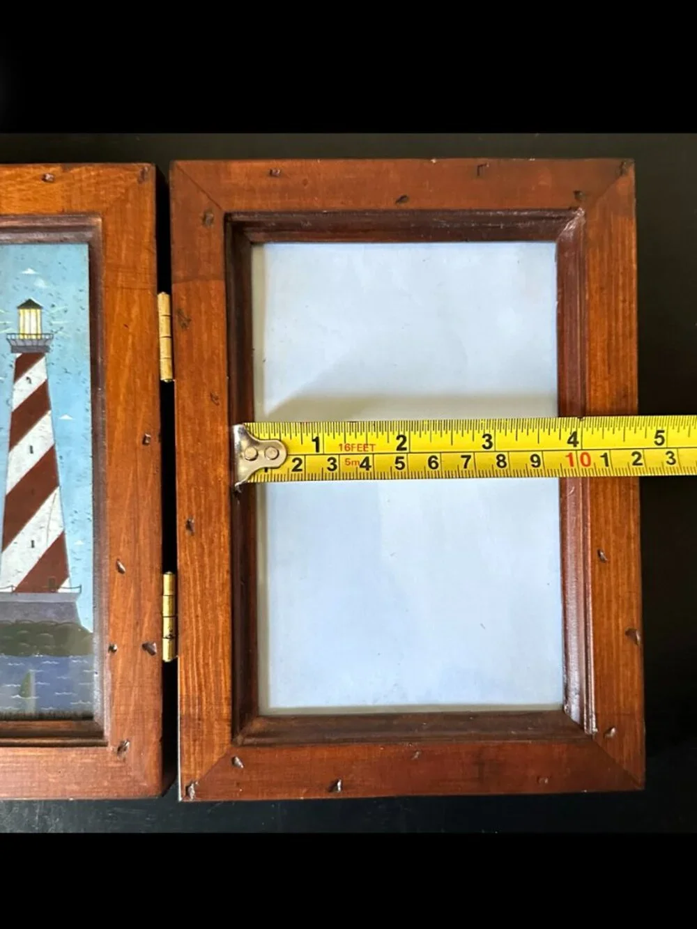 Vintage Warren Kimble Lighthouse Trifold Wood Picture Frame Holds Two 4x6 Photos